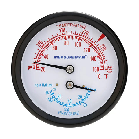 Dual Display Boiler Gauge Kit With 2.5 Inch Dial That Reads Pressure And Temperature, 0 To 75 PSI And 70 To 320 Fahrenheit front view