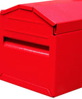Close-up of red ATB213 Torin 16 Inch Hip Roof Style Portable Steel Tool Box, showing hip roof design and metal latch closure.