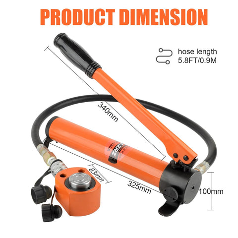 Orange 10-ton hydraulic cylinder jack with CP-180 hand pump and hose kit