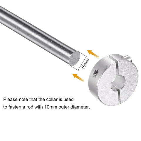 Beefy Double Split Shaft Collar Set for 10mm Shaft Clamp On with 30mm Outer Diameter showing fastening for a rod, anodized 6061 aluminum