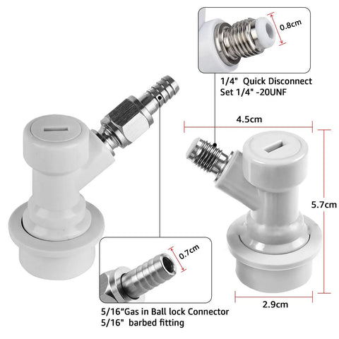 Two Pack Ball Lock Disconnect Fittings With Five Sixteenths Inch Stainless Steel Gas Barb For Kegging Setups, MFL Quick Disconnect Swivel Nut Design, Compatible With Ball Lock Posts And Sankey Adapters, shown with 5/16 gas barb