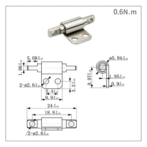 Diagram and specifications of Stainless Steel Self Closing Reversible Door Hinge With 360 Degree Torque Friction Positioning
