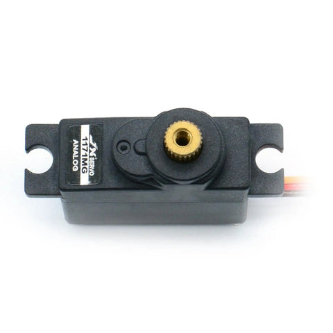 Beat The Clock Analog Servo Coreless Micro Servo Kit Featuring Double Ball Bearing Rock Solid Torque And Lightning Fast Response For Rc Cars Boats Robots And Planes Black top view showing mounting holes and gear.