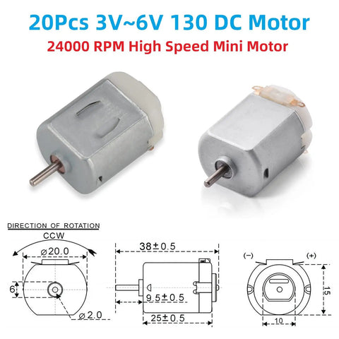 Hella Smooth 20 Pack 130 Type DC Mini Motors 3V To 6V 24000RPM Kickin Spin Micro Engine Kit showing metal housing and dimensions.
