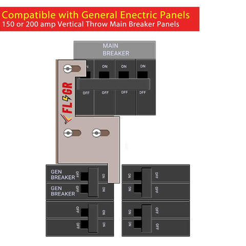 Diagram of Interlock Kit For Vertical 150 Amp And 200 Amp Panels With Two And One Quarter Inch Spacing, showing main breaker setup.