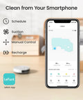 Robot Vacuum With Strong Suction And Long Battery Life For Pet Hair Slim Low Profile Quiet Cleaning Auto Docking And Self Charging Wi Fi App And Alexa Control Great For Hard Floors And Everyday Cleaning M210 with smartphone control features displayed.