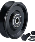 Skelang 4-inch V-groove gate wheel, black metal roller with double bearings for inverted V track; hardware included.