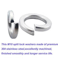 M10 Split Lock Washer Set 50 Pieces In 304 Stainless Steel 18 8 For Bolts Nuts And Screws Beefed Up Spring Lock Washers Precision Machined Anti Slip Durable Silver, front and side view