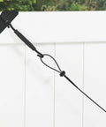 Anti Sag Gate Kit For Exterior Use With WeatherGuard Black Finish Includes Top And Bottom Corner Brackets Cable Clamps Cable Turnbuckle And Mounting Screws on white gate