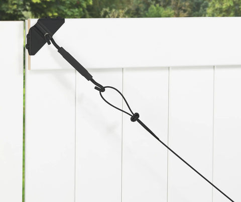 Anti Sag Gate Kit For Exterior Use With WeatherGuard Black Finish Includes Top And Bottom Corner Brackets Cable Clamps Cable Turnbuckle And Mounting Screws on white gate
