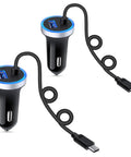 Hella Fast USB C Car Charger For Samsung Galaxy S Series Models And Newer A Lineup Devices Features Dead Serious Charging Speeds For Zero Sweat Commutes, showing two chargers with integrated cables.