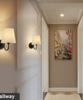Set Of 2 Industrial Wall Sconces With Beige Fabric Shades, Black Finish, illuminating a hallway, Modern Retro Yet Cozy Vanity Lights