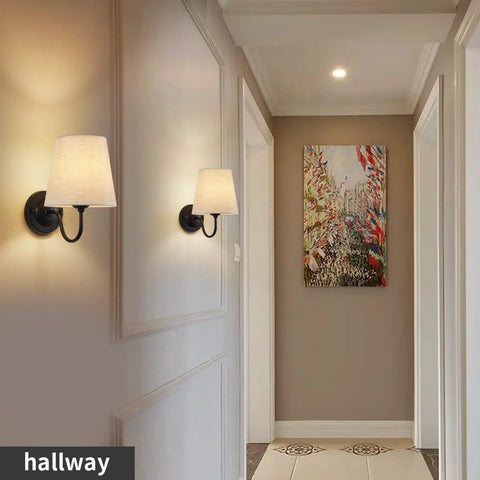 Set Of 2 Industrial Wall Sconces With Beige Fabric Shades, Black Finish, illuminating a hallway, Modern Retro Yet Cozy Vanity Lights