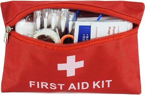 Front view of red zippered first aid kit pouch with white cross logo, partially opened to reveal medical supplies.
