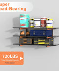 Badass Heavy Duty Lumber Rack Wall Mount With Six Level System For Garage Wood Storage Holds 720 Pounds Powder Coated Steel Organizer Rack Four Pack Orange with paints and tools.