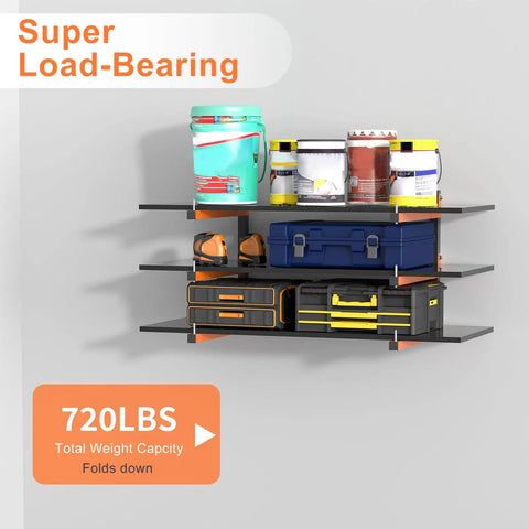 Badass Heavy Duty Lumber Rack Wall Mount With Six Level System For Garage Wood Storage Holds 720 Pounds Powder Coated Steel Organizer Rack Four Pack Orange with paints and tools.