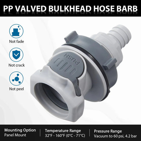 Leak-Free Tool-Free 1/2 Inch ID Valved Bulkhead Hose Barb With 3/8 Inch High Flow Quick Disconnect Coupling Panel Mount Fluid Fitting, gray PP