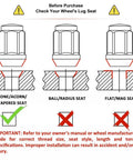 Illustration of correct lug seat types for bulge acorn lug nuts M12x1.50; conical correct, ball and flat incorrect