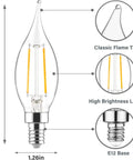 Diagram of dimmable 40 Watt equivalent CA10 flame tip LED candle bulb with dimensions, E12 base, and LED highlights for chandeliers.