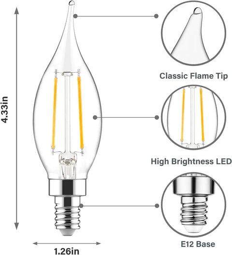 Diagram of dimmable 40 Watt equivalent CA10 flame tip LED candle bulb with dimensions, E12 base, and LED highlights for chandeliers.