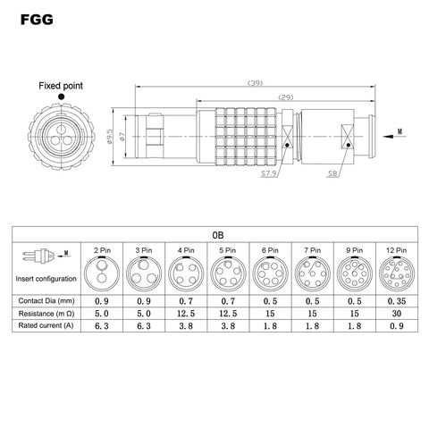 Push Pull Self Lock Circular Connector 0B 7 Pin Plug For Aviation And Industrial Electronics Cameras And Test Gear High Density Mounting Saves Space And Supports 2 3 4 5 6 7 And 9 Pin Options With 180 Combinations. Technical drawing of metal circular connector 0B, 7 pin
