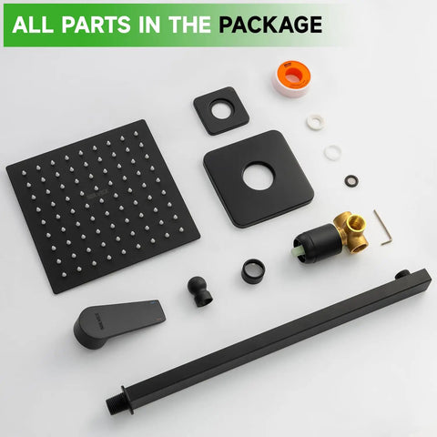 Heavy Duty Eight Inch Rain Shower Head And Matte Black Faucet Set Crafted From Solid Brass And Tough 304 Stainless Steel For A Smooth Non Clog Bathroom Setup That Runs Clean And Looks Fresh Every Day