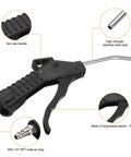 Straight Shot Air Blow Gun Featuring Tapered Bent Nozzle And Quarter Inch Npt Male Plug For Heavy Duty Compressor Blasting close up showing non-slip handle.