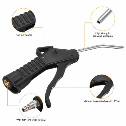 Straight Shot Air Blow Gun Featuring Tapered Bent Nozzle And Quarter Inch Npt Male Plug For Heavy Duty Compressor Blasting close up showing non-slip handle.