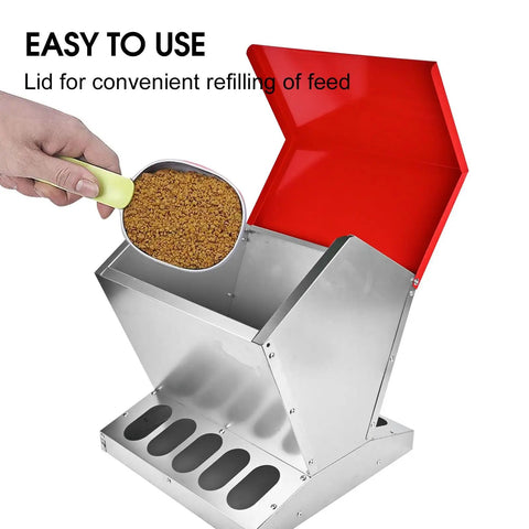 Heavy Duty Galvanized Chicken Feeder Rat Proof Poultry Food Dispenser With Secure Lid, easy-to-use lid for refilling feed.
