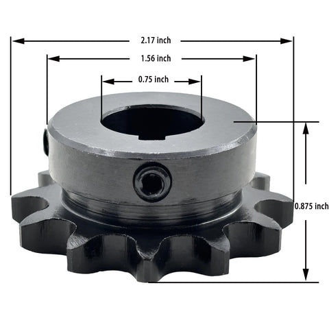 Twelve Tooth Roller Chain Sprocket Type B With Three Quarter Inch Bore Hardened 1045 Carbon Steel Drive Sprocket, detailed dimensions
