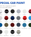 Color chart for car touch up paints including Burgundy Velvet, Magnetic, Stone Gray, and Performance Blue.