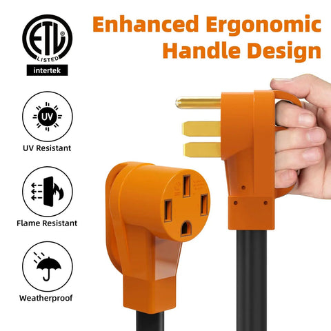 Heavy Duty 50 Amp RV EV Power Splitter Adapter Cord transforms single NEMA 14-50P plug with ergonomic design and safety features.