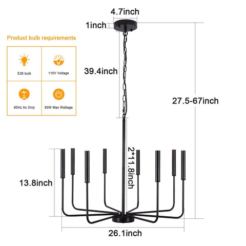 Dimensions of the 8 Light Matte Black Farmhouse Chandelier With Adjustable Height For Dining Room Living Room Kitchen Island