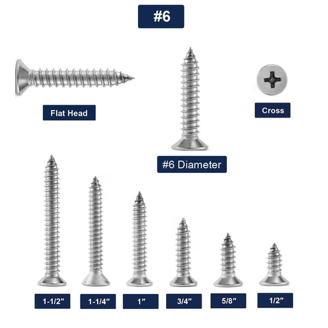 Top Shelf Size 6 X 5/8 Inch Stainless Steel Wood Screws 100 Pack Flat Head Phillips Self Tapping Corrosion Resistant Drywall Fasteners layout