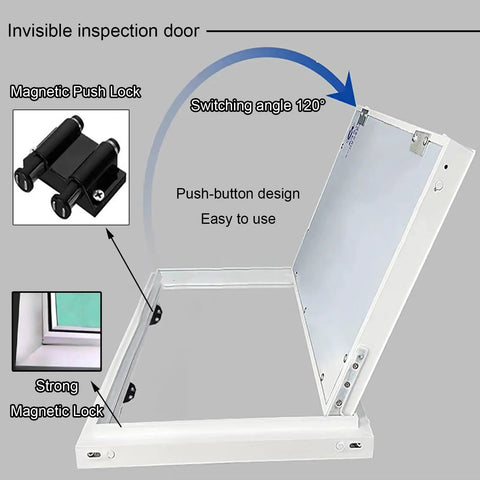 Solid As A Rock Drywall Access Panel 15 By 23 Inches Magnetic Push Latch showing push-button lock and 120° opening angle.