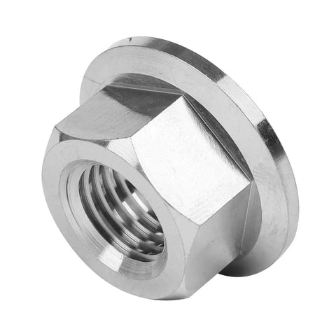 Close-up of a single Six Pack Titanium DIN 6923 Hex Flange Nut from M5 to M14 Grade 5 rustproof for machinery and construction