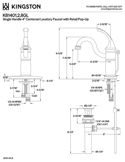 Technical diagram of Georgian 4-Inch Centerset Lavatory Faucet With Pop-Up Drain, Polished Brass, ADA Compliant Single Lever Deck Mount.
