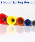 Six colorful insulated wire caps with springs inside, front view (red, yellow, orange, blue, gray, light gray)