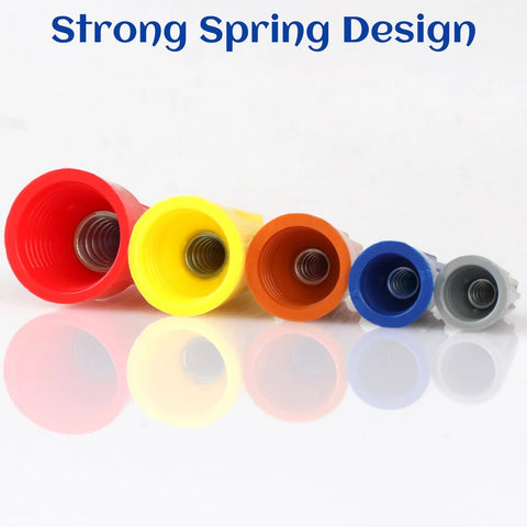 Six colorful insulated wire caps with springs inside, front view (red, yellow, orange, blue, gray, light gray)