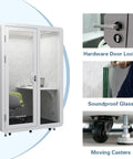 Close-up of Portable Soundproof Phone Booth With Smooth Rolling Wheels Hella Quiet Office Pod Rig features, including door lock and soundproof glass.