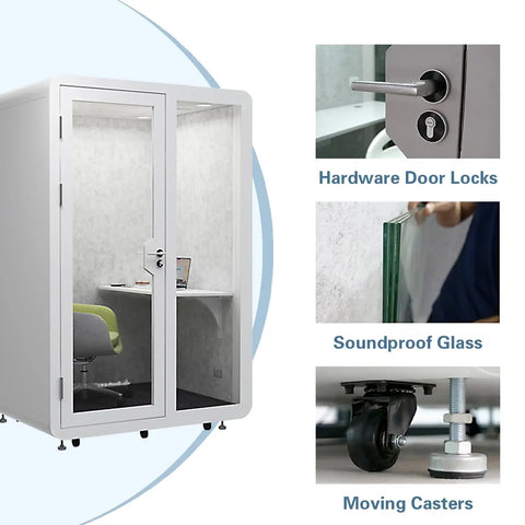 Close-up of Portable Soundproof Phone Booth With Smooth Rolling Wheels Hella Quiet Office Pod Rig features, including door lock and soundproof glass.