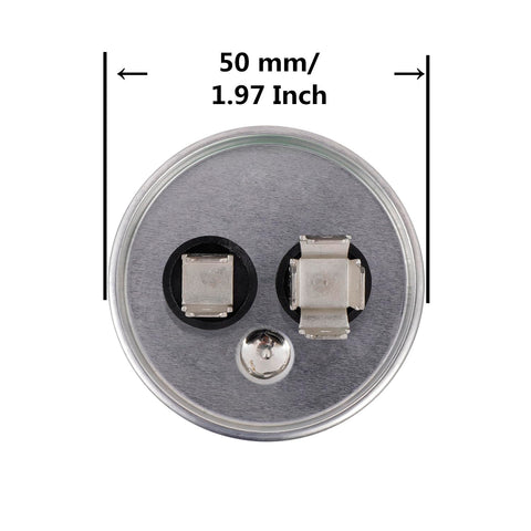 Top view of 65 Uf MFD 240V AC Round Capacitor For Motor And Fan Start 50 To 60 Hz CBB65 10000 AFC Replacement, 50 mm diameter