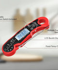 Red digital meat thermometer with backlit LCD, multiple settings, and food-temp chart, waterproof for grilling and cooking.