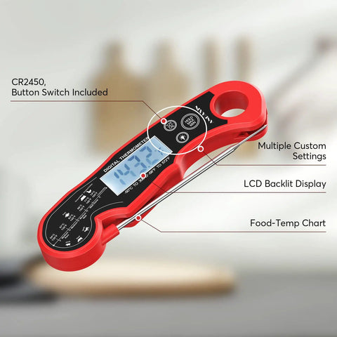 Red digital meat thermometer with backlit LCD, multiple settings, and food-temp chart, waterproof for grilling and cooking.