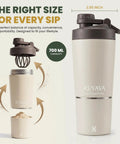 Dual Insulated Stainless Steel Protein Shaker Bottle With Separate Dry Storage Compartment And Built In Mixing Whisk 15 Oz Gym Cup shown with measurements and dry storage.