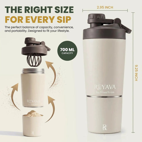 Dual Insulated Stainless Steel Protein Shaker Bottle With Separate Dry Storage Compartment And Built In Mixing Whisk 15 Oz Gym Cup shown with measurements and dry storage.