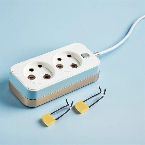 Get Your Hands On 30 Pcs Of High Voltage Microfarad Safety Capacitors With Built In Wire And Plastic Casing For Rock Solid Electrical Appliance Testing And Maintenance Work Without The Headache Or Risky Failures - image of an electrical power strip with two sockets and connection wires.