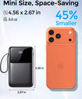 No Fuss Ultra Compact 15000 Mah Portable Charger With Built In Cables shown next to phone, highlighting its mini size at 4.56 x 2.67 in.