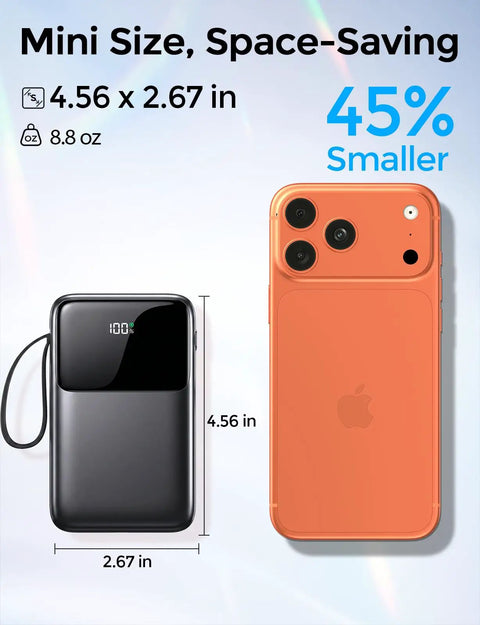 No Fuss Ultra Compact 15000 Mah Portable Charger With Built In Cables shown next to phone, highlighting its mini size at 4.56 x 2.67 in.