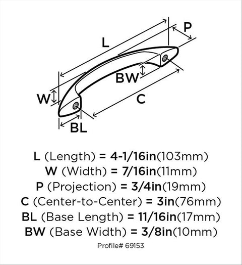 Technical diagram of Oil Rubbed Bronze Cabinet Pulls 3 Inch Center To Center 10 Pack Contemporary Drawer Handles dimensions and annotations.